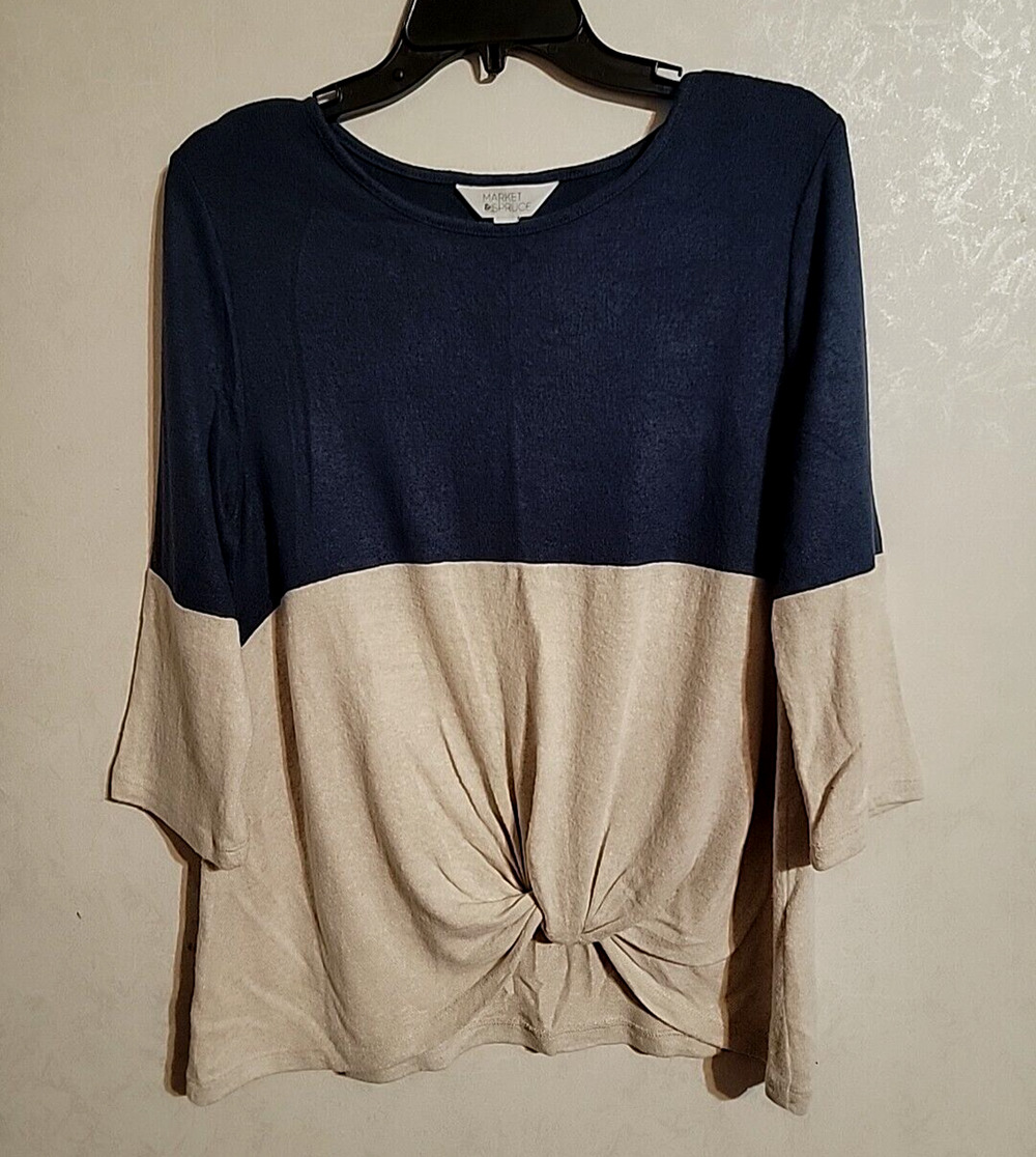 Market & Spruce Knotted Front 3/4 Sleeve Two-Tone Top Blue Cream sz Large